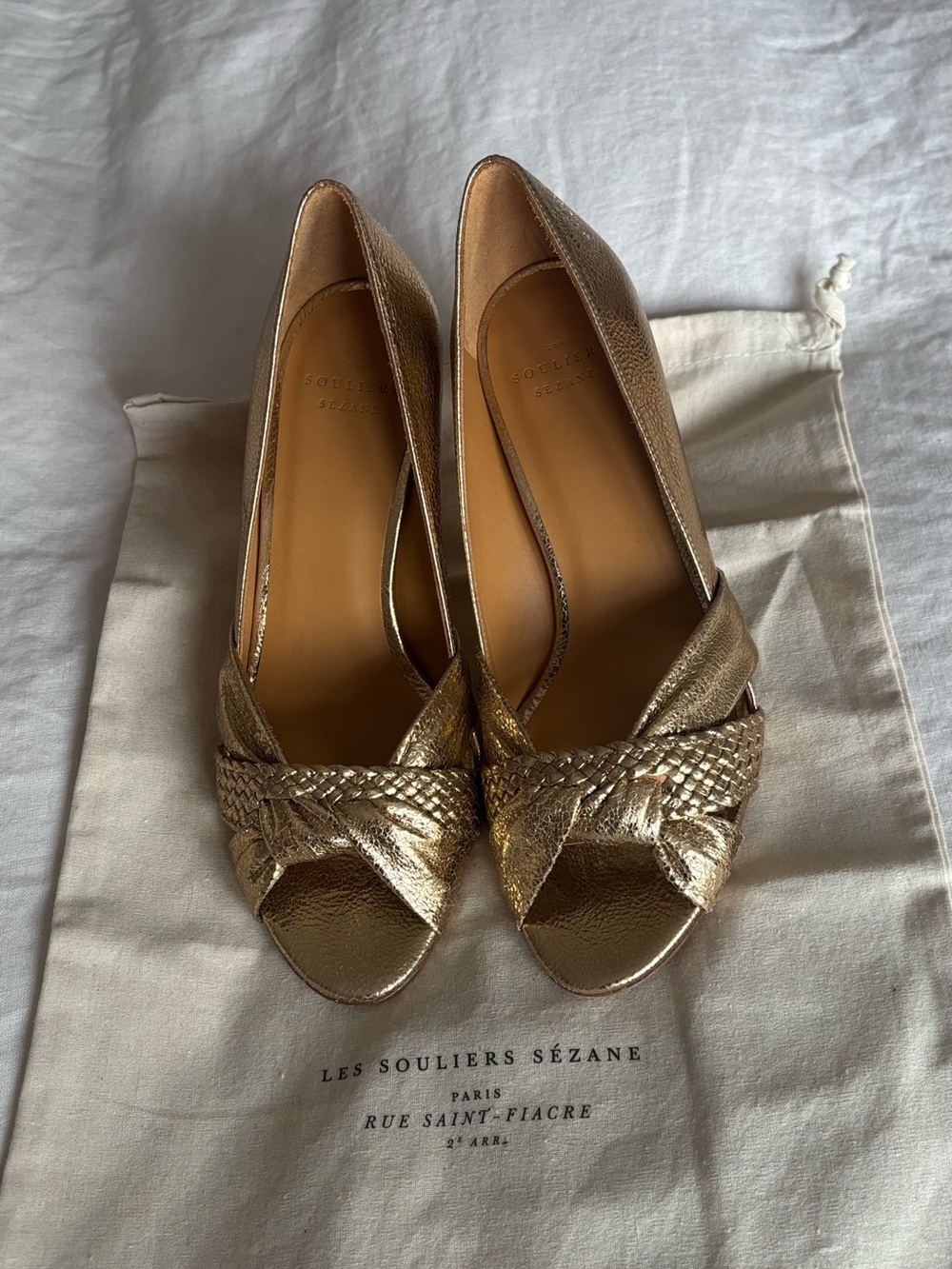 Sezane Metallic Gold Braided Peep-Toe Pumps - Picture 6 of 12